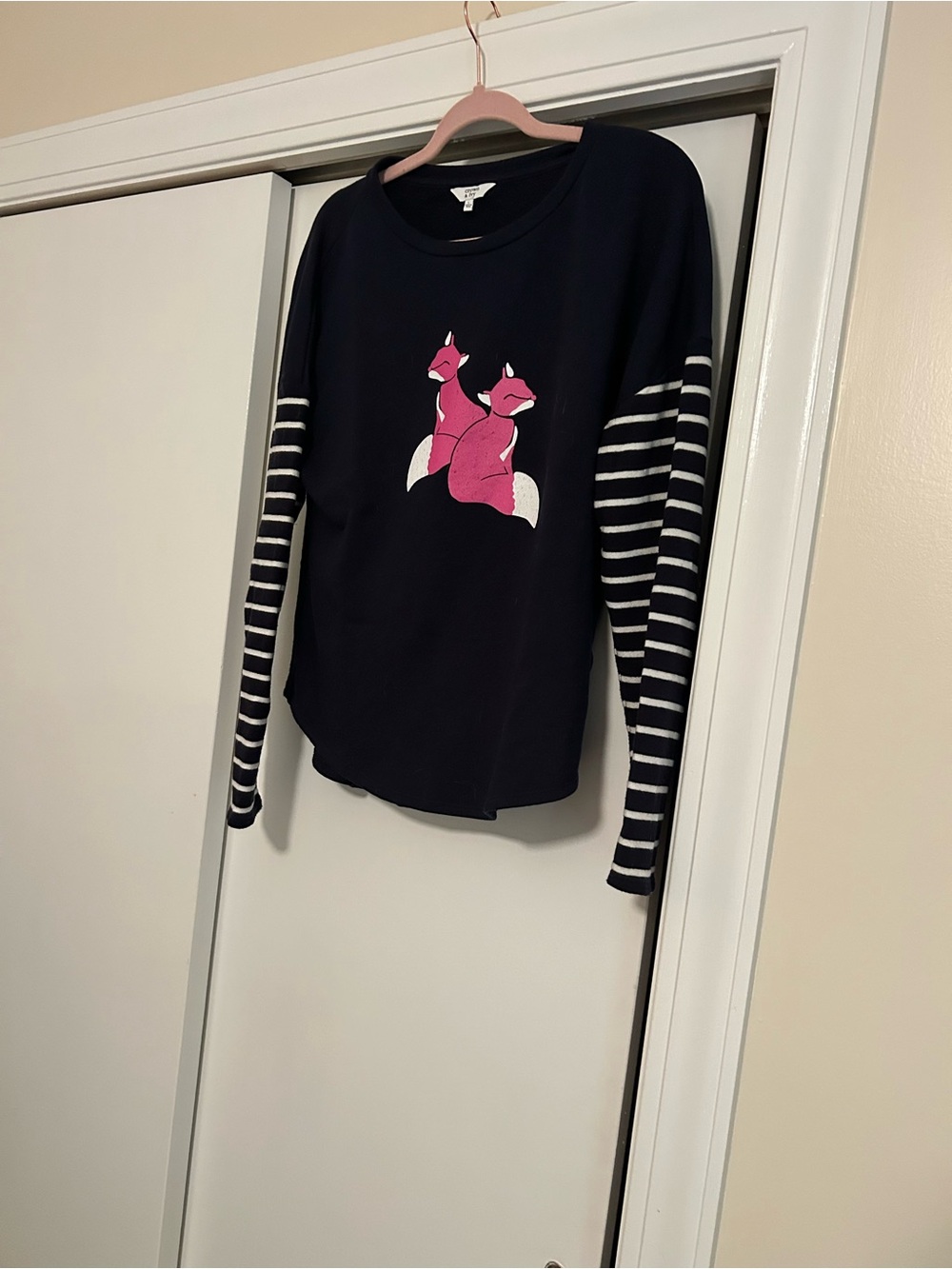 crown & ivy Navy Sweater  with Pink Fox Graphic and Striped Sleeves